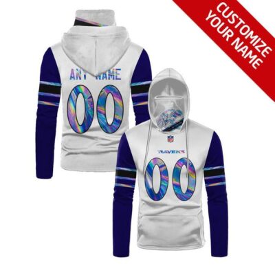 Baltimore Ravens #00 Nfl Team Iridescent White Jersey Style Custom Number Name For Baltimore Ravens Fans Gaiter Hoodie GH0478