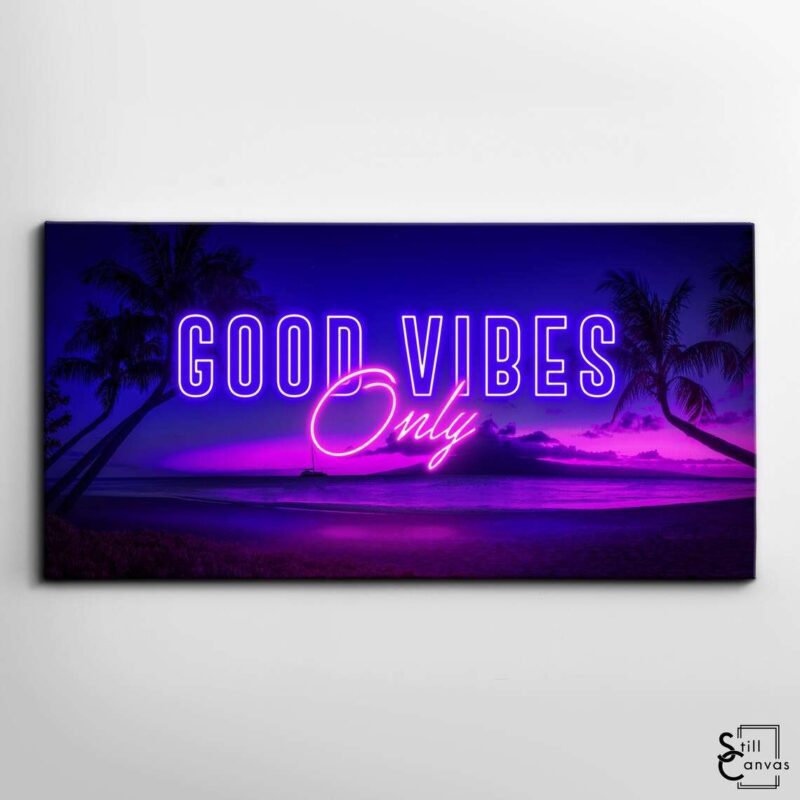 Creative Canvas Art Good Vibes Only Positive Quote Neon Style Purple Framed Canvas Wall Art Poster Print 1