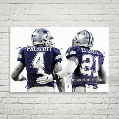 Dak Prescott And Ezekiel Elliott Dallas Cowboys Poster, Canvas, Football Print, Sports Wall Art