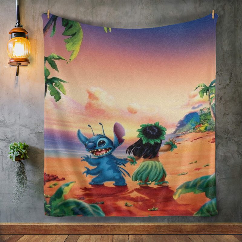 Funny Lilo And Stitch Dancing On The Beach Comfy Sofa Throw Blanket Gift