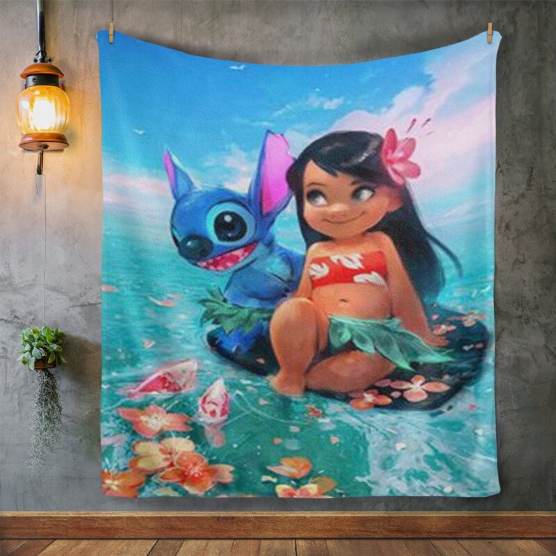 Funny Lilo And Stitch On The Beach Comfy Sofa Throw Blanket Gift