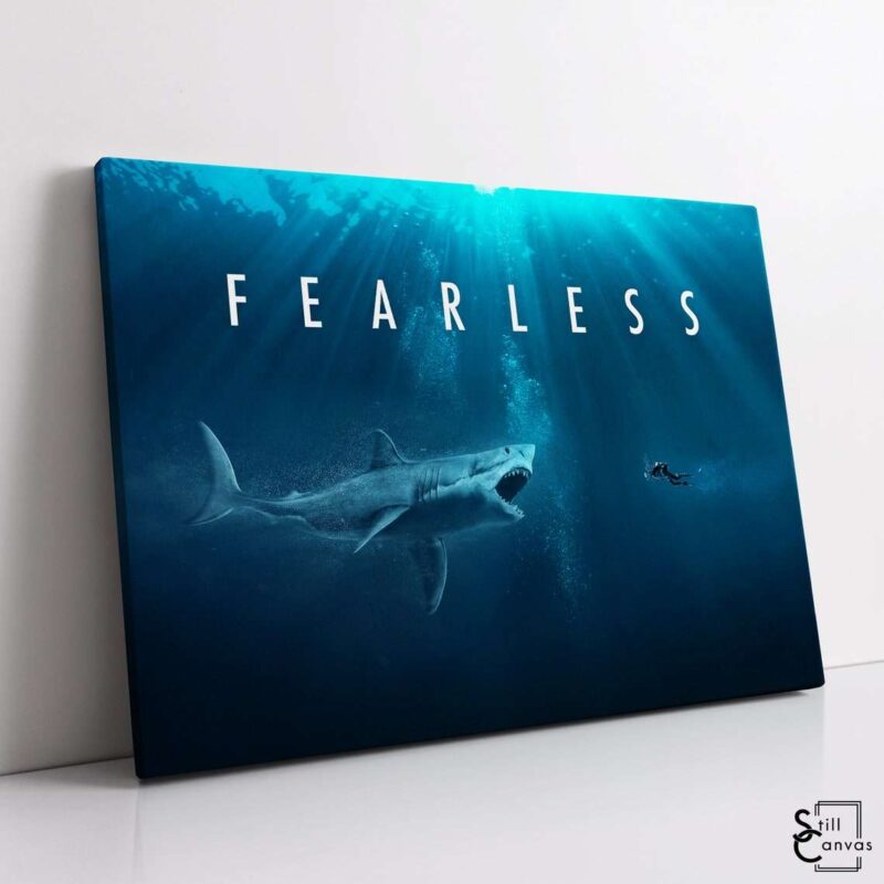 Motivational Canvas Art Fearless Scuba Diver Shark Quote Inspirational Framed Canvas Wall Art Poster Print 1