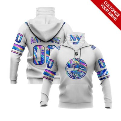 New York Islanders #00 Any Name Nhl Team Iridescent White Jersey Style Custom Number Name For New York Islanders Fans Gaiter Hoodie GH0249
