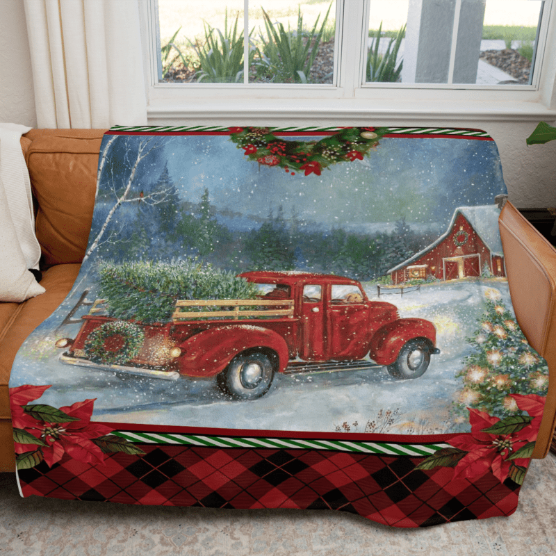 Red Truck Christmas Tree in night Comfy Sofa Throw Blanket Gift