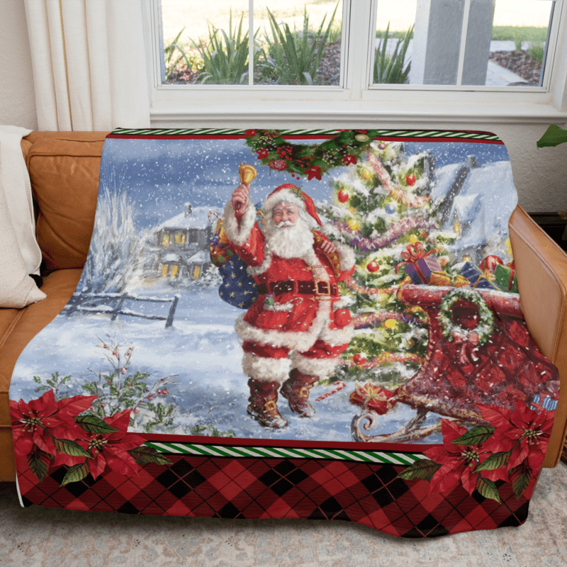 Santa Riding Train With Toy Bears Comfy Sofa Throw Blanket Gift