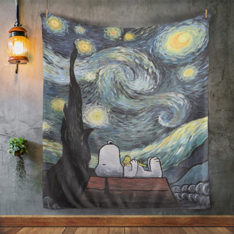 Snoopy Blanket Gift For Fan Snoopy Peanuts Woodstock Starry Night Blanket 3