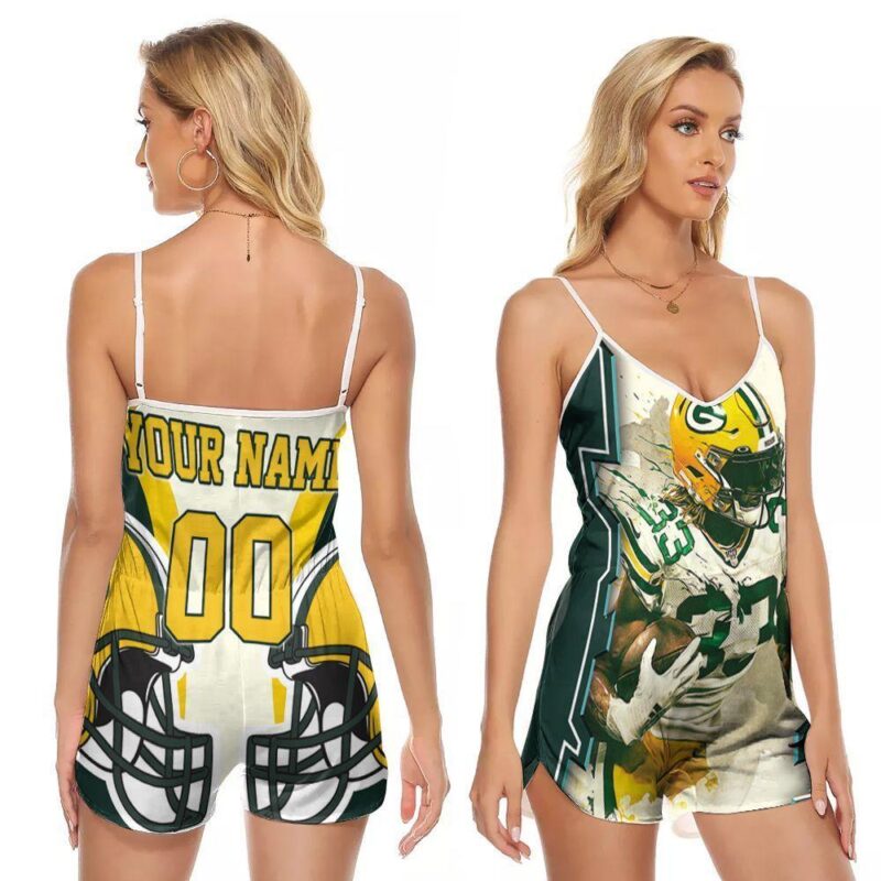 Aaron Jones 33 Green Bay Packers Football Team Logo Personalized Name Gift For Green Bay Packers Fans Aaron Jones Lovers Romper Jumpsuit RJ00995
