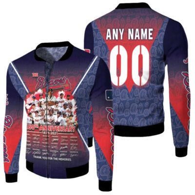 Atlanta Braves 150th Anniversary 1871 2021 Thank You For The Memories Gift With Custom Name Number For Braves Fans Fleece Bomber Jacket