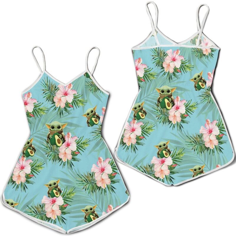 Baby Yoda Hugging Avocadoes Seamless Tropical Colorful Flowers On Teal Romper RJ01858