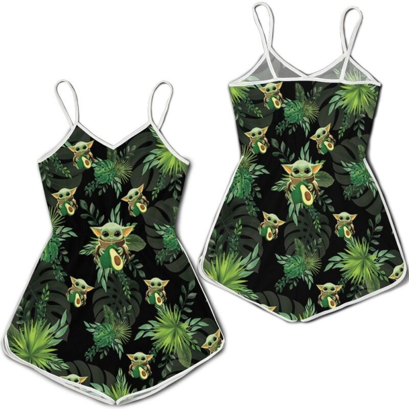 Baby Yoda Hugging Avocadoes Seamless Tropical Green Leaves On Black Romper RJ01880
