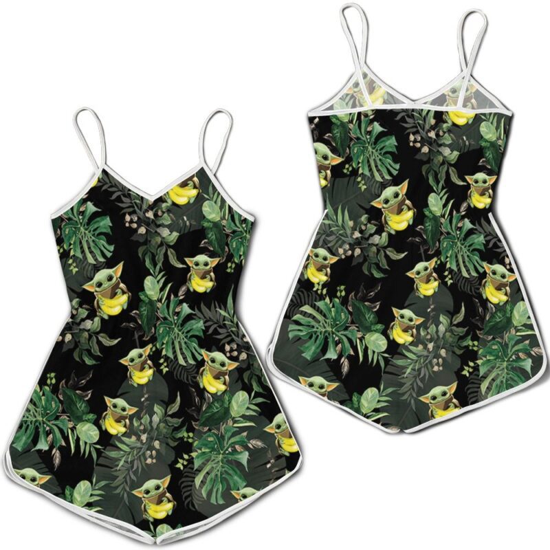 Baby Yoda Hugging Bananas Seamless Tropical Green Leaves On Black Romper RJ01899