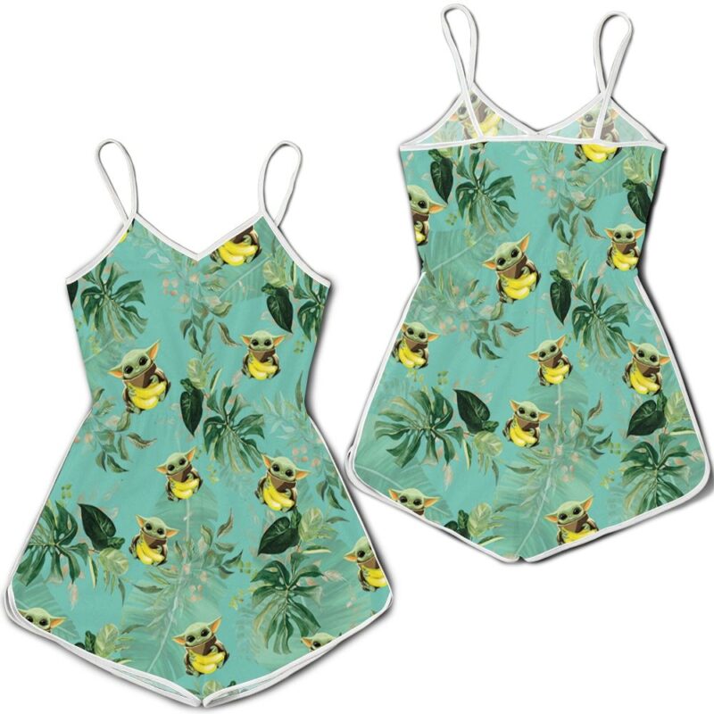 Baby Yoda Hugging Bananas Seamless Tropical Green Leaves On Green Romper RJ01884
