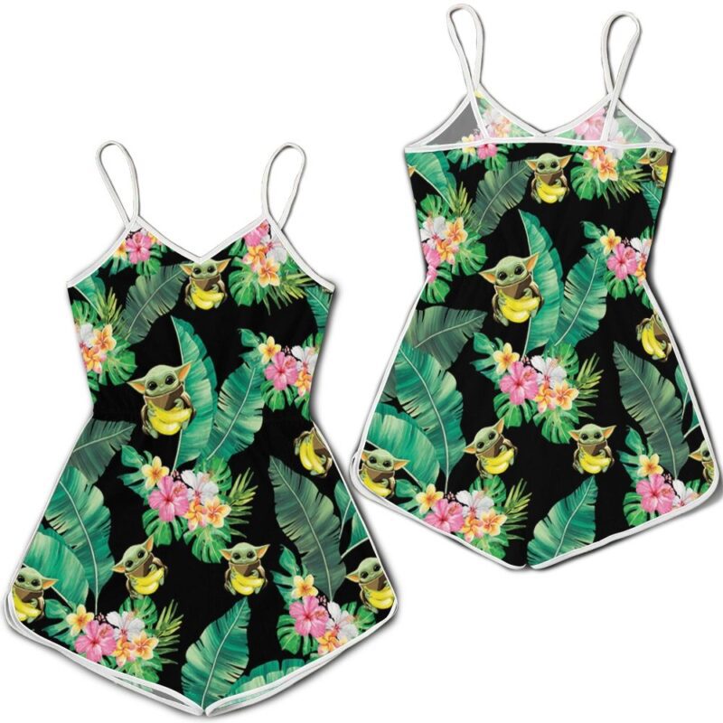 Baby Yoda Hugging Bananas Seamless Tropical Leaves Colorful Flowers On Black Romper RJ01876