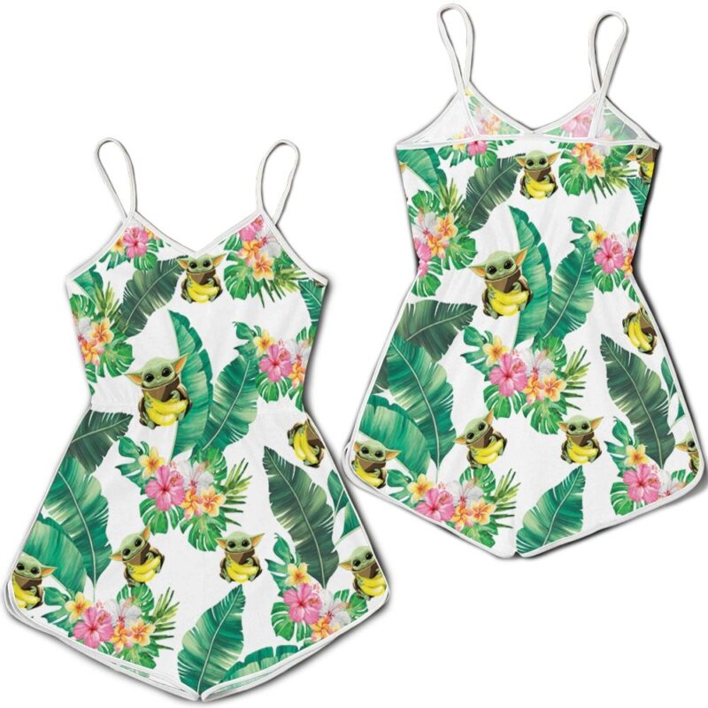 Baby Yoda Hugging Bananas Seamless Tropical Leaves Colorful Flowers On White Romper RJ01861