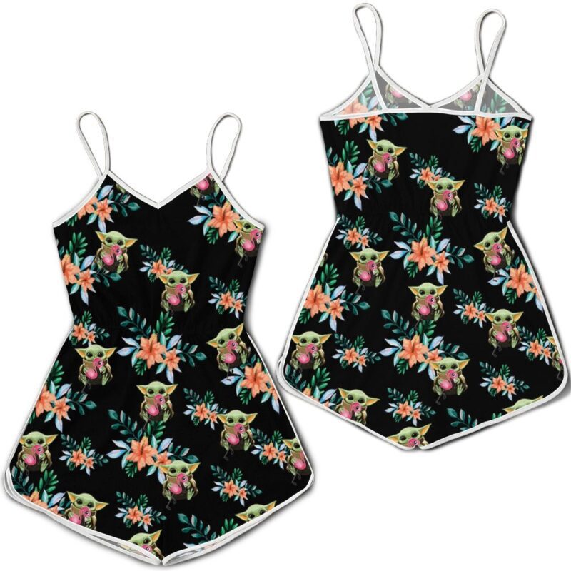 Baby Yoda Hugging Flamingos Seamless Tropical Colorful Flowers On Black Romper RJ01865