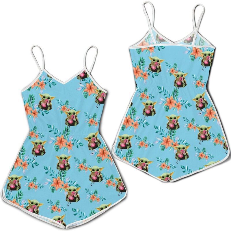 Baby Yoda Hugging Flamingos Seamless Tropical Colorful Flowers On Teal Romper RJ01870