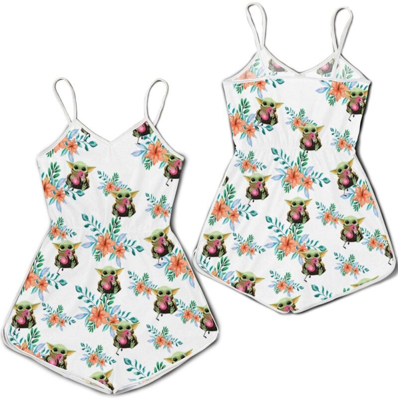 Baby Yoda Hugging Flamingos Seamless Tropical Colorful Flowers On White Romper RJ01874