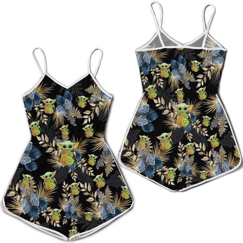 Baby Yoda Hugging Kiwis Blue Seamless Tropical Colorful Flowers On Black Romper RJ01896