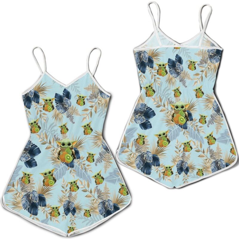 Baby Yoda Hugging Kiwis Blue Seamless Tropical Colorful Flowers On Teal Romper RJ01869