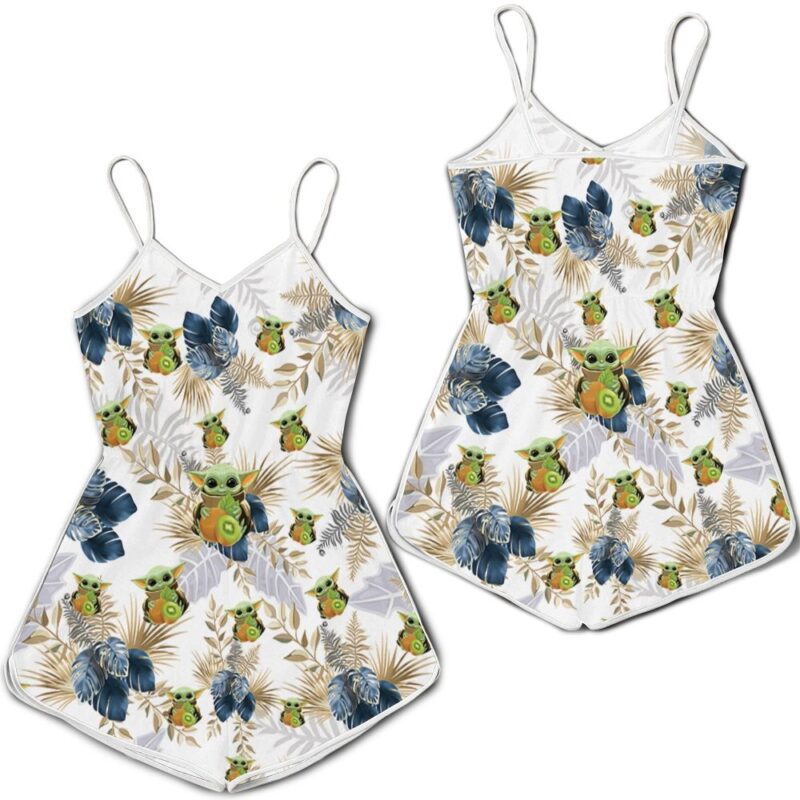 Baby Yoda Hugging Kiwis Seamless Tropical Blue And Green Leaves On White Romper RJ01850