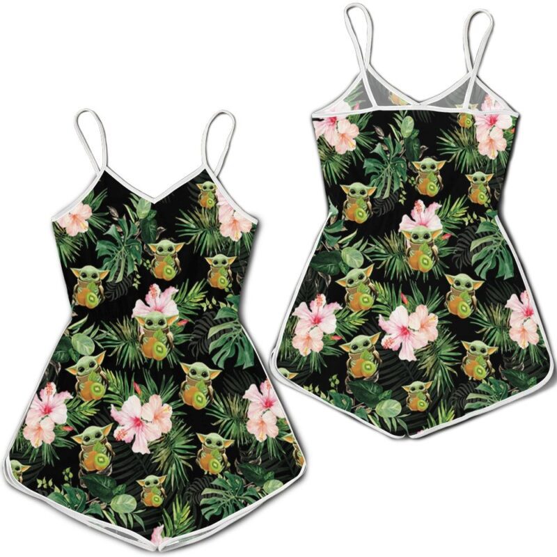 Baby Yoda Hugging Kiwis Seamless Tropical Colorful Flowers Green Leaves On Black Romper RJ01898