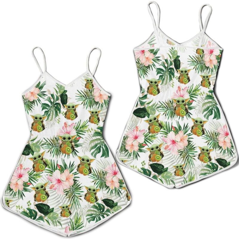 Baby Yoda Hugging Kiwis Seamless Tropical Colorful Flowers Green Leaves On White Romper RJ01882