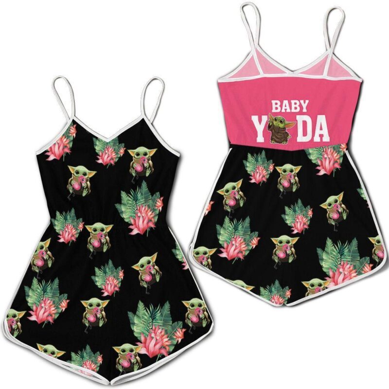 Baby Yoda Hugging Kiwis Seamless Tropical Leaves Lotuses On Black Romper RJ01863