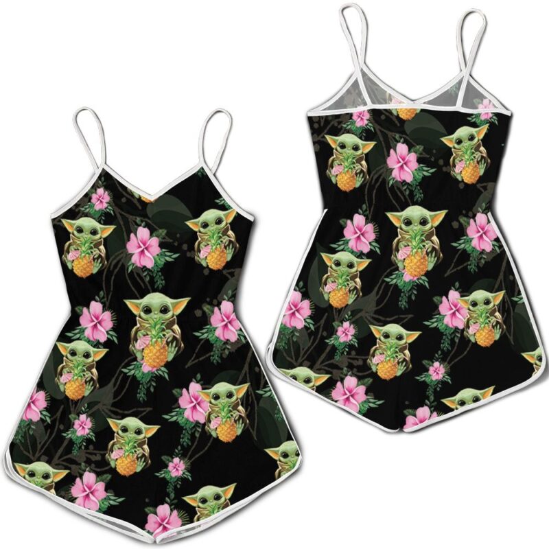 Baby Yoda Hugging Pineapples Seamless Tropical Colorful Flowers On Black Romper RJ01875