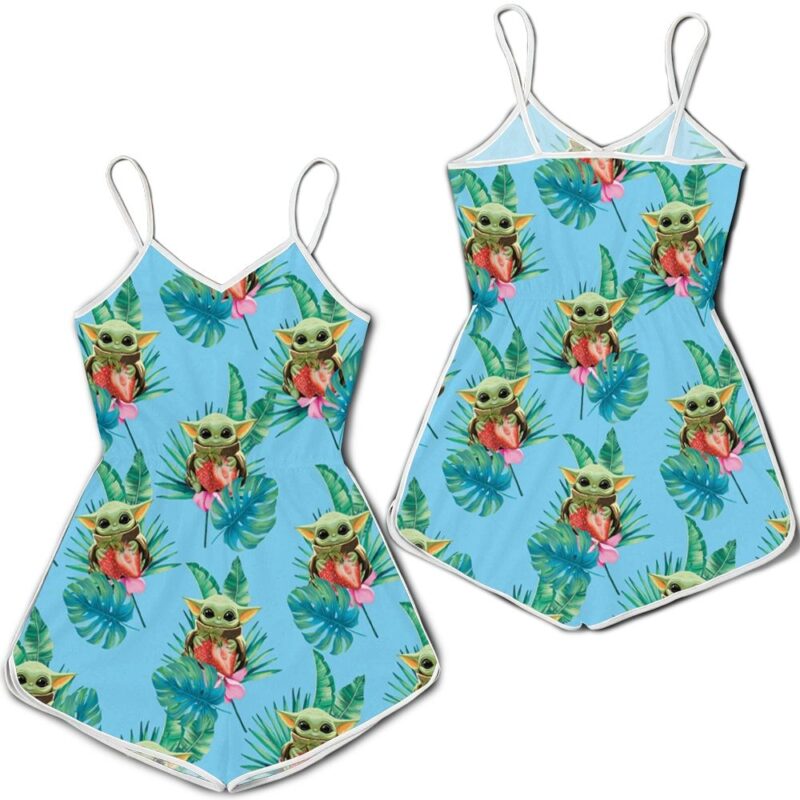 Baby Yoda Hugging Strawberries Seamless Tropical Green Leaves On Teal Romper RJ01879