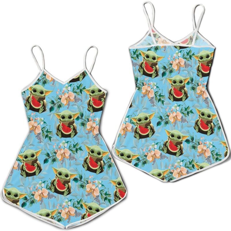 Baby Yoda Hugging Watermelons Seamless Tropical Colorful Flowers On Teal Romper RJ01868