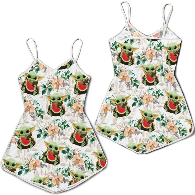 Baby Yoda Hugging Watermelons Seamless Tropical Colorful Flowers On White Romper RJ01881