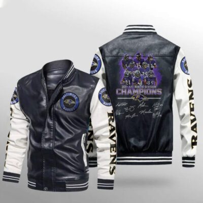 Baltimore Ravens 2019 Afc North Division Champions Signatures Gift For Ravens Fans Leather Bomber Jacket LBJ0073