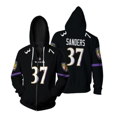 Baltimore Ravens Deion Sanders #37 Great Player NFL American Football Game Jersey Black 2019 3D Gift For Ravens Fans Zip Hoodie ZH00321