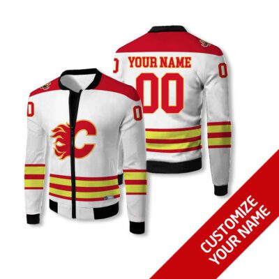 Calgary Flames #00 Personalized White Jersey Style Gift With Custom Number Name For Flames Fans Fleece Bomber Jacket
