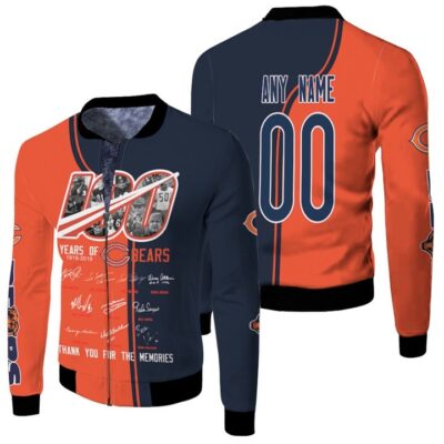 Chicago Bears 100 Years Of Bears Thank You For The Memories Signed Gift With Custom Name Number For Bears Fans Fleece Bomber Jacket
