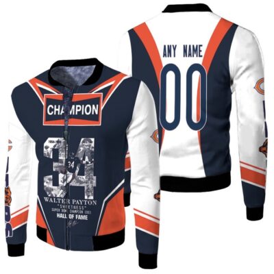 Chicago Bears Champion Walter Payton 34 Hall Of Fame Gift With Custom Name Number For Bears Fans Fleece Bomber Jacket