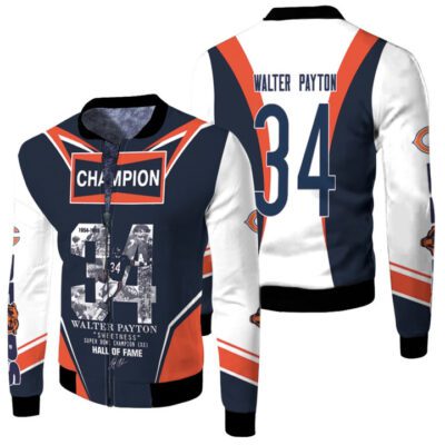 Chicago Bears Champion Walter Payton 34 Hall Of Fame Signature Gift For Bears Fans Fleece Bomber Jacket
