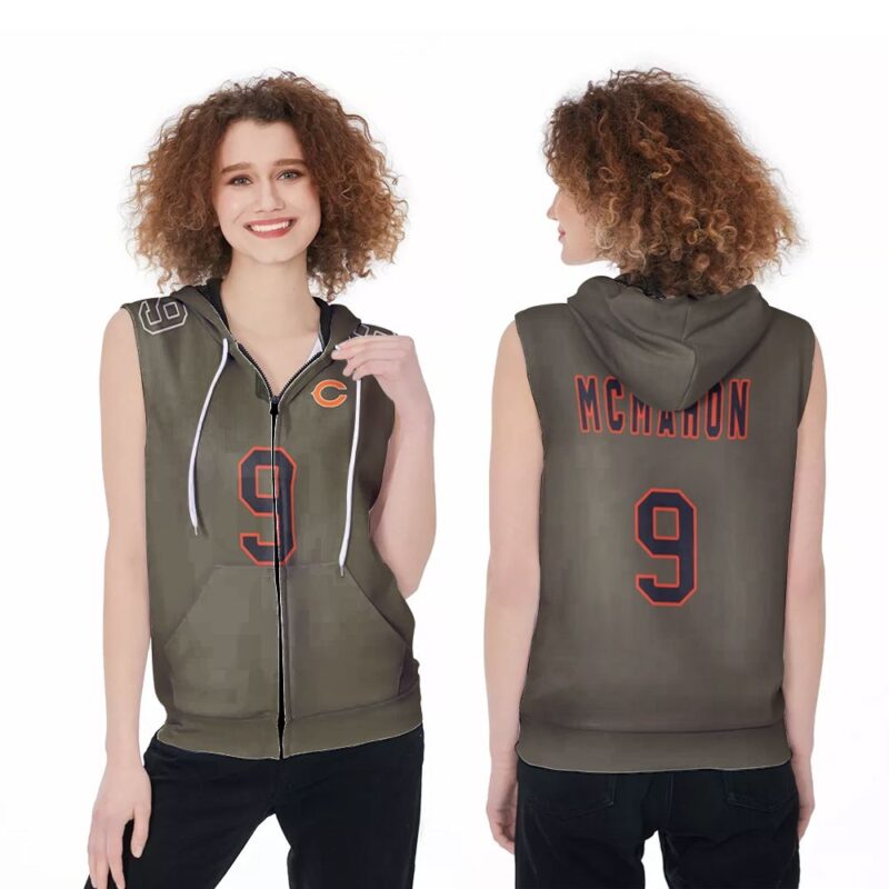 Chicago Bears Jim McMahon #9 Great Player NFL Salute To Service Retired Player Olive Jersey Style For Bears Fans Zip Sleeveless Hoodie ZSH0059
