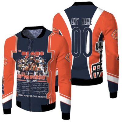 Chicago Bears Logo Helmet 100th Anniversary Thank You For The Memories Signed Gift With Custom Name Number For Bears Fans Fleece Bomber Jacket