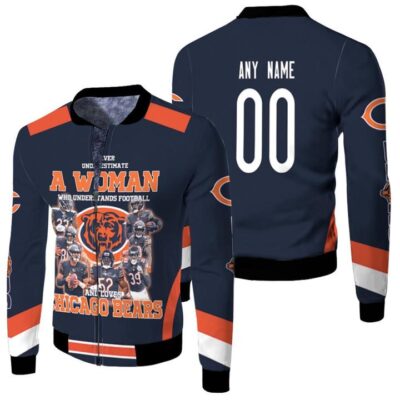 Chicago Bears Never Underestimate A Woman Who Understand Football Loves Bears Gift With Custom Name Number For Bears Fans Fleece Bomber Jacket