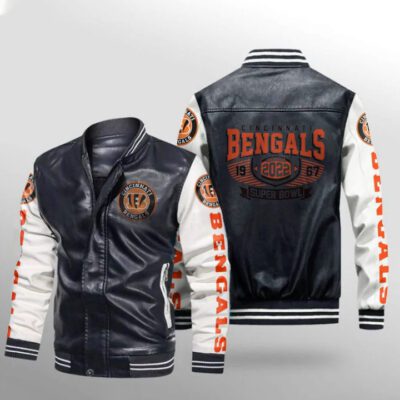 Cincinnati Bengals 1967 2022 Champions NFL American Football Logo Gift For Bengals Fans Leather Bomber Jacket LBJ0121