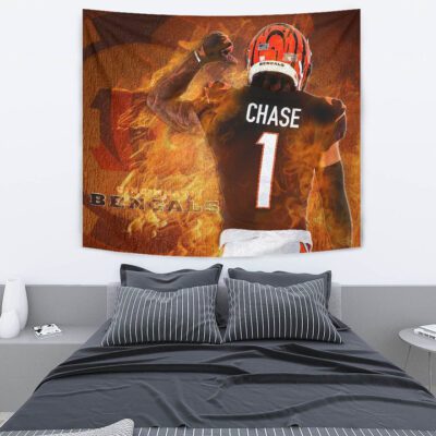Cincinnati Bengals American Football Team Tapestry JaMarr Chase 01 Flaming From The Back Tapestry Wall Hanging 2