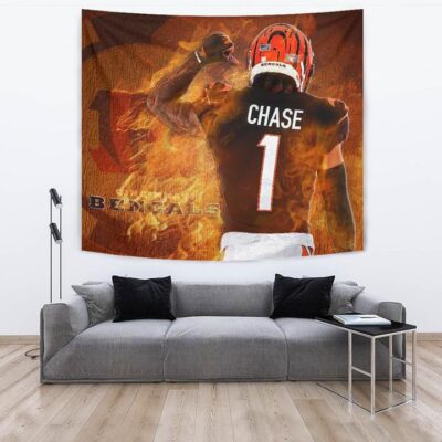 Cincinnati Bengals American Football Team Tapestry JaMarr Chase 01 Flaming From The Back Tapestry Wall Hanging 3