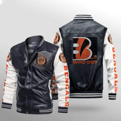 Cincinnati Bengals Who Dey 2021 AFC Champions Team Black Gift For Bengals Fans Leather Bomber Jacket LBJ0133