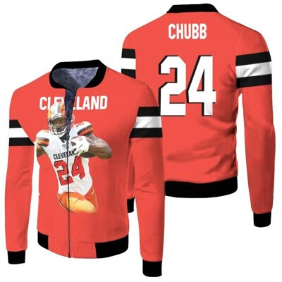 Cleveland Browns Nick Chubb 24 NFL Team Game Orange Jersey Style Designed Gift For Browns Fans Fleece Bomber Jacket