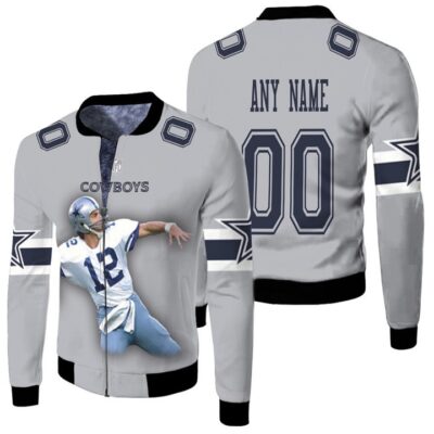 Dallas Cowboys Roger Staubach 12 Grey Jersey Style Gift With Custom Number Name For Cowboys Fans Fleece Bomber Jacket