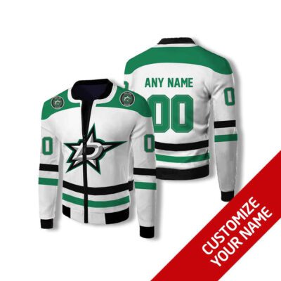 Dallas Stars #00 3D Personalized White Jersey Style Gift With Custom Number Name For Stars Fans Fleece Bomber Jacket