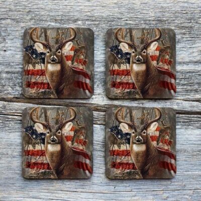 Deer Hunter Hunting Cameo USA Flag Drinkware Coaster (Set of 4)