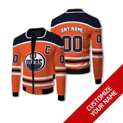 Edmonton Oilers #00 Personalized Orange Jersey Style Gift With Custom Number Name For Oilers Fans Fleece Bomber Jacket