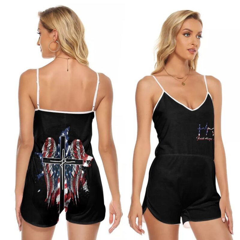 Faith Hope Love Rose Cross Lamb Angel Wings God Gift For Jesus Lovers Religious Culture Enthusiasts 2 V-neck Romper Jumpsuit RJ00924